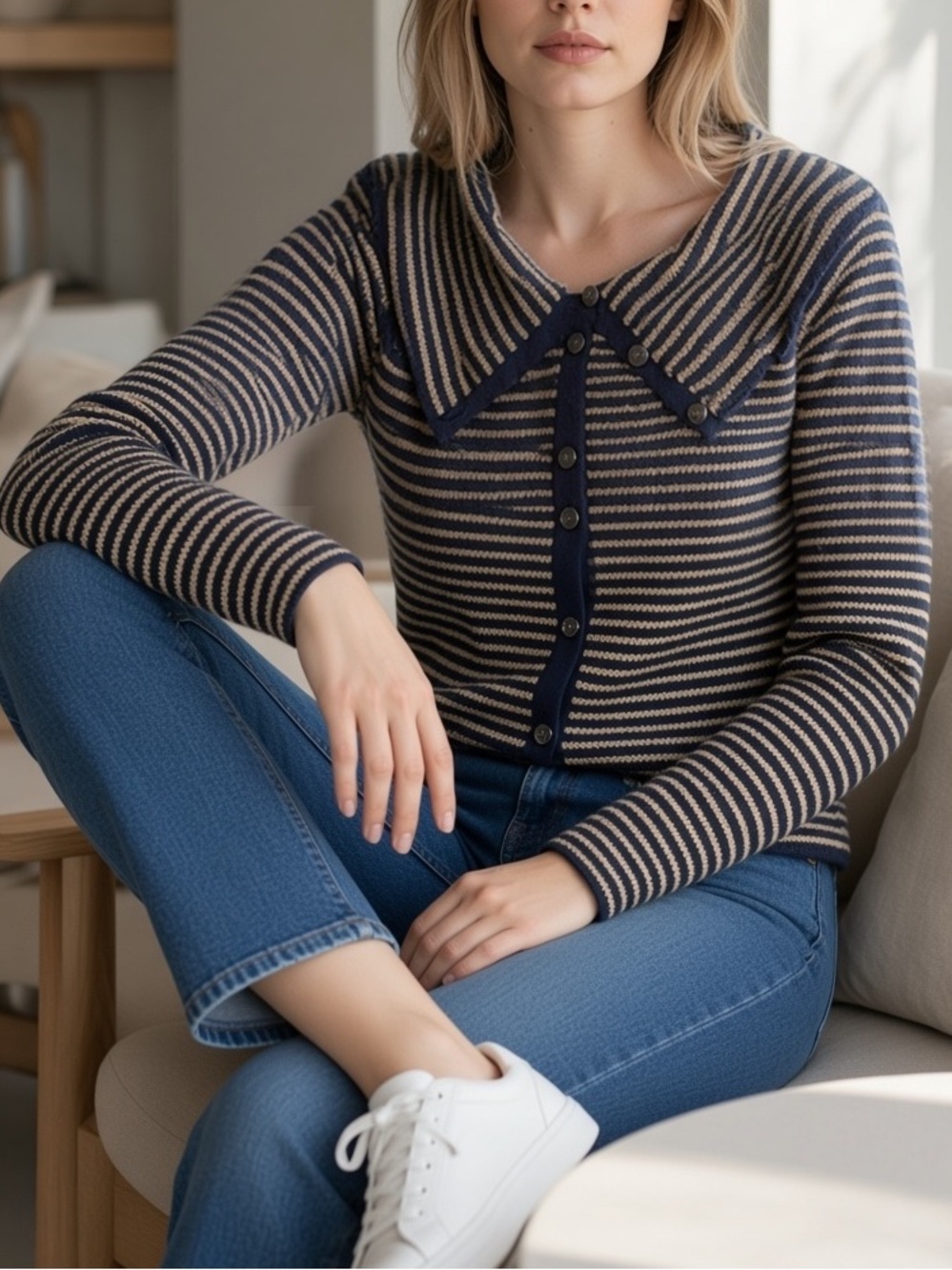 Frame Navy Blue Stripe Boatneck Wool Blend Fitted Sweater Top Size XSmall